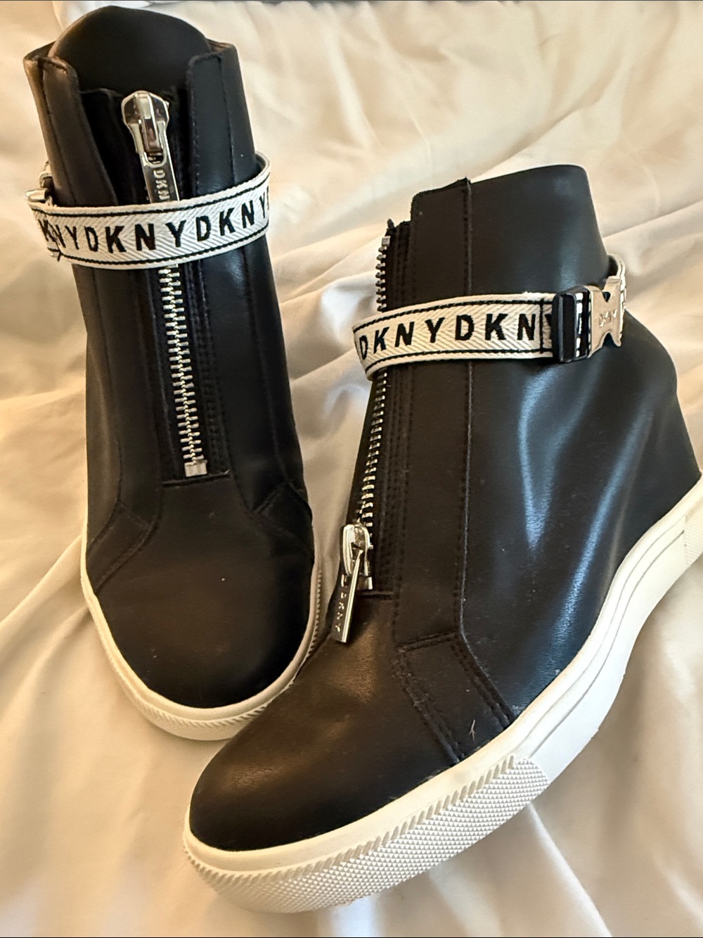 DKNY Black Leather Wedge Sneakers with White Logo Strap
